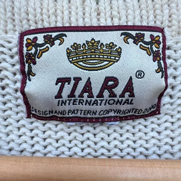 VTG Tiara International Xmas Cardigan Sweater Cream Print Embroidered Xmas Trees - Picture 4 of 9